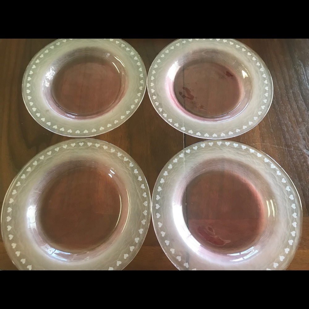 Pink Sweetheart Heart Etched 8” Glass Plates, Set Of 4, Germany